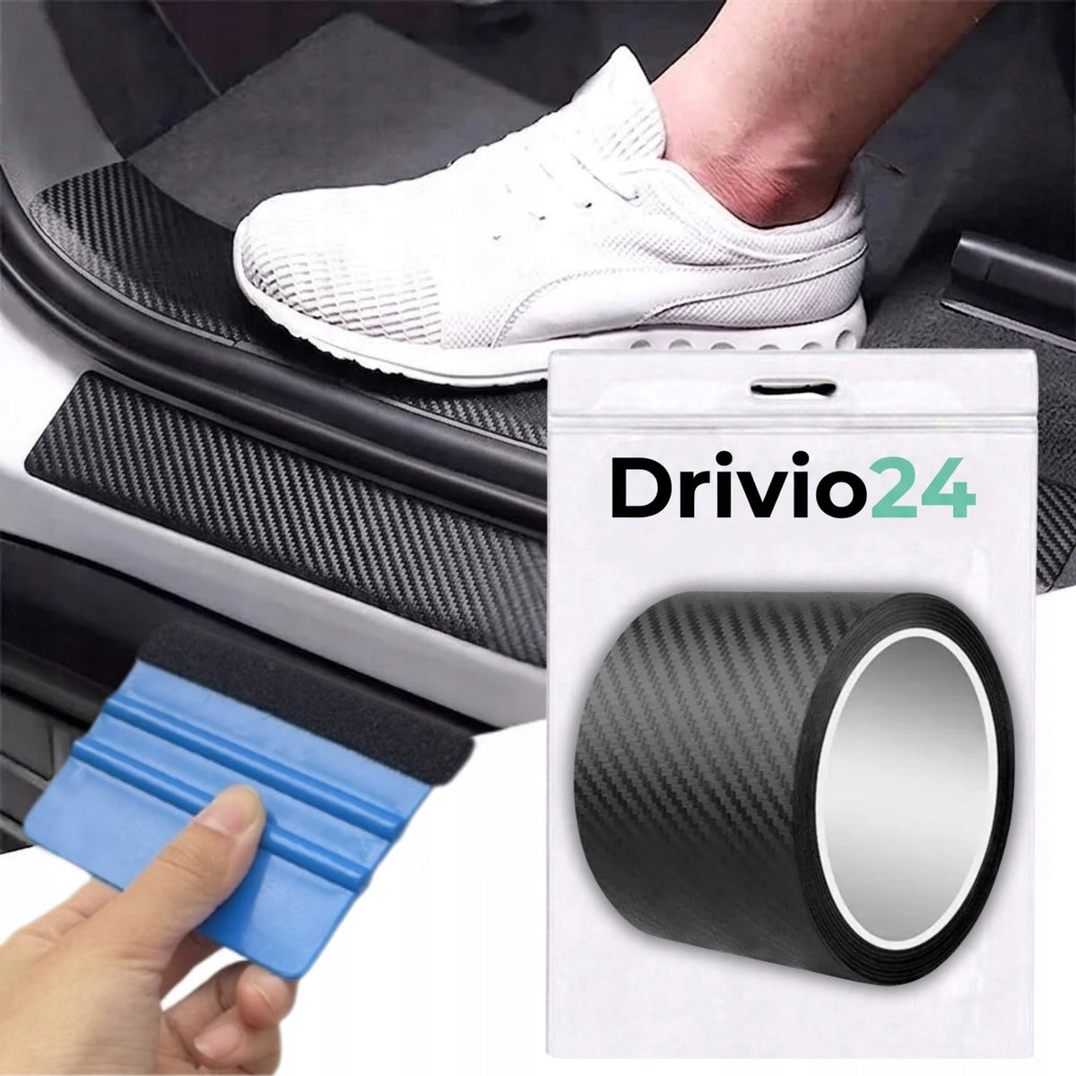 Ochranná fólie karbon Drivio24 10 cm × 3 m na prahy a zavazadlový prostor + stěrka