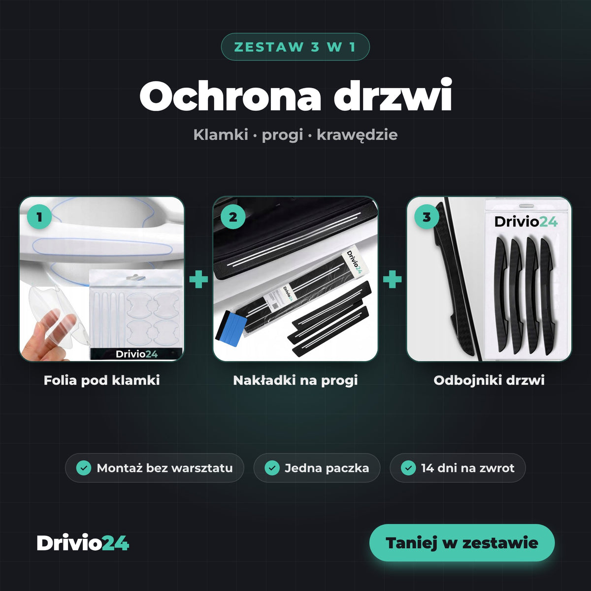 Zestaw Ochrona Drzwi 3 w 1 Drivio24 – folia pod klamki, nakładki na progi, odbojniki