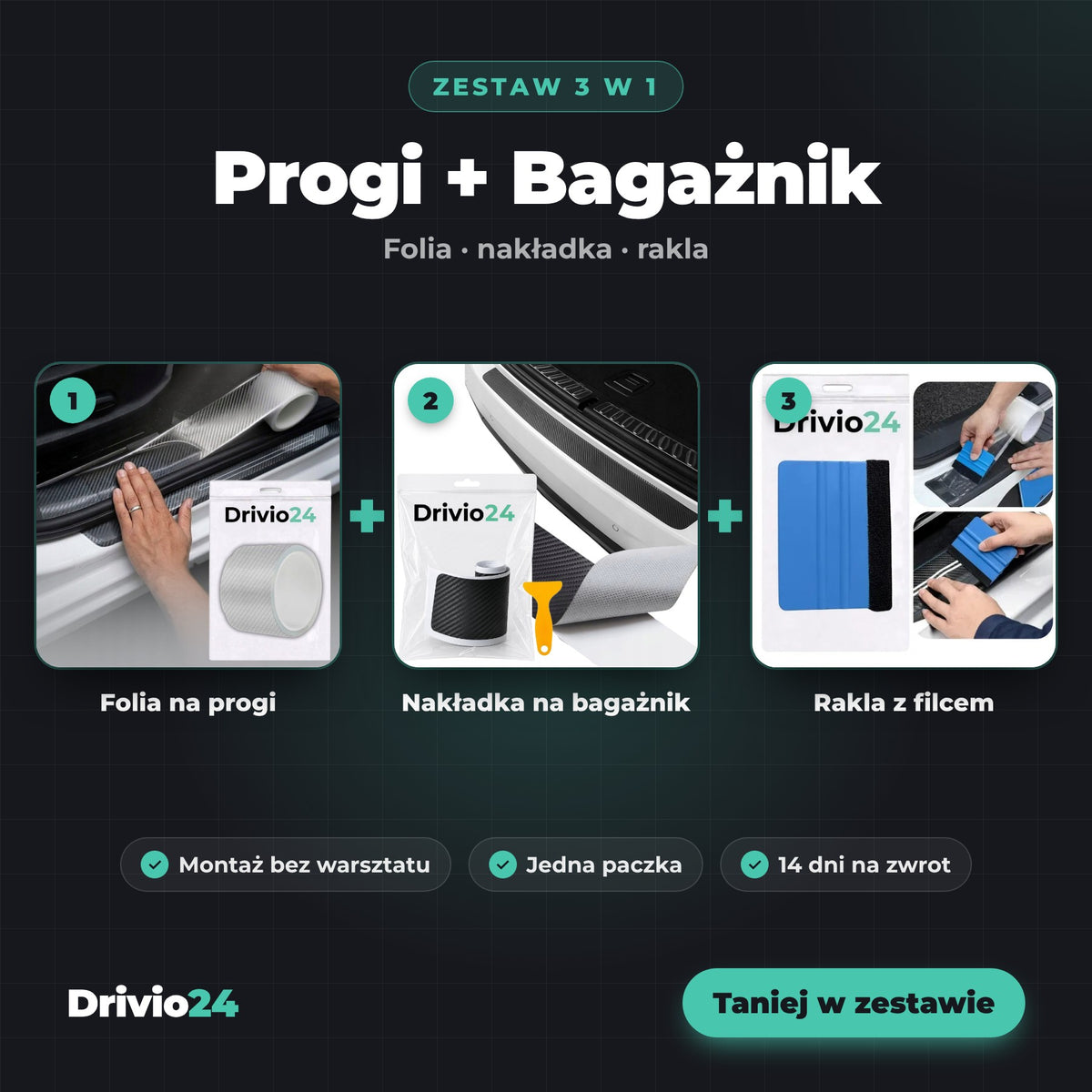 Zestaw Progi + Bagażnik Drivio24 – folia na progi, nakładka na bagażnik, rakla